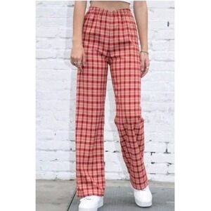 Brandy Melville‎ Tilden Plaid Pants High Waisted Straight Leg Red Cream One Size